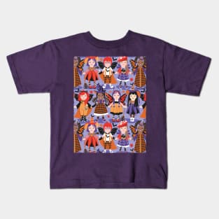 Witches dance // pattern // lilac background red orange and purple halloween fantasy costumes Kids T-Shirt